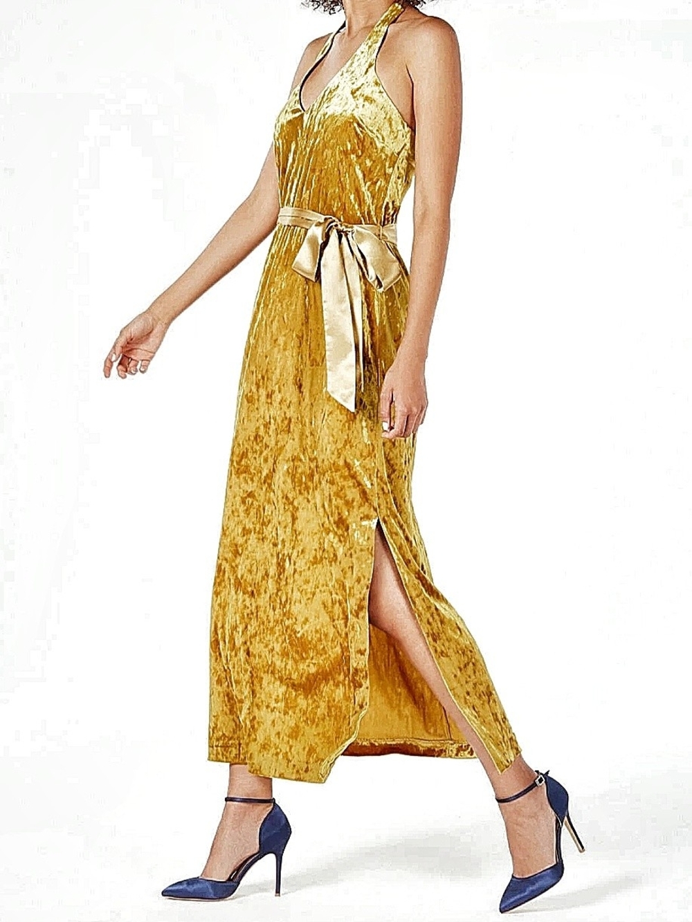 Avec Les Filles Mustard Yellow Velvet Halter Maxi Dress with Satin Sash
